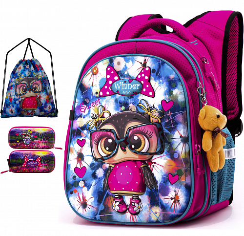 Шкільний рюкзак (ранець) з ортопедичною спинкою з мішком і пеналом рожевий для дівчинки Winner  для 1 класу (Full R1-004)