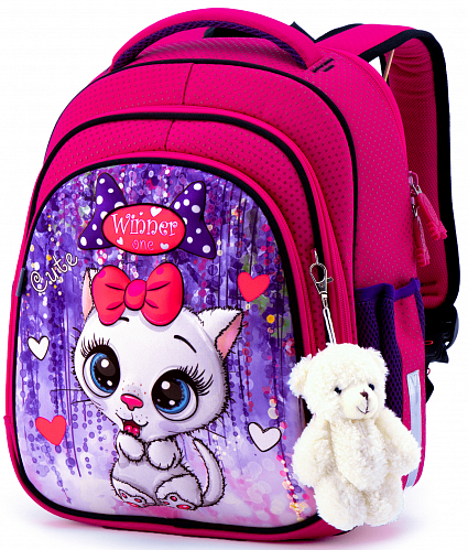 Шкільний рюкзак (ранець) з ортопедичною спинкою рожевий для дівчинки Winner  з Котом 36х29х14 см для початкової школи (5004)