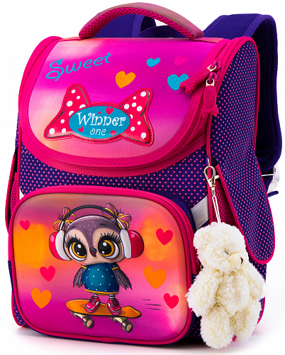 Шкільний рюкзак (ранець) з ортопедичною спинкою рожевий для дівчинки Winner з Совою 34х26х14 см для початкової школи (2053)