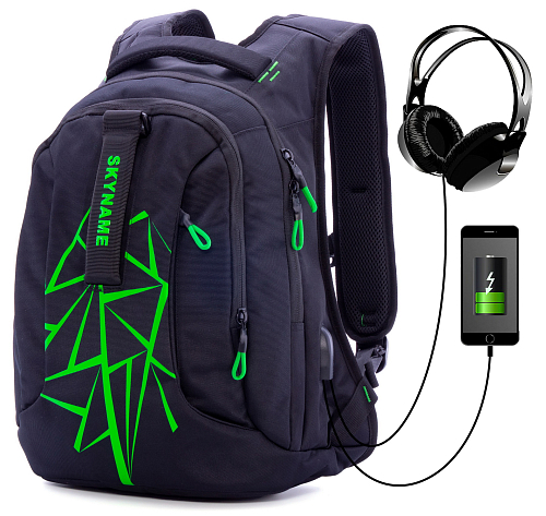 Підлітковий рюкзак з ортопедичною чорною спинкою з usb портом для хлопців Winner / SkyName (90-112 G)