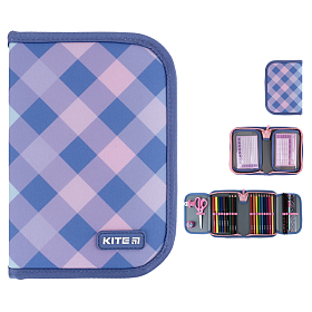 Пенал без наповнення Kite Purple Chequer K24-622-3, 1 відділення, 2 відвороти Пенал без наповнення Kite Purple Chequer K24-622-3, 1 відділення, 2 відвороти