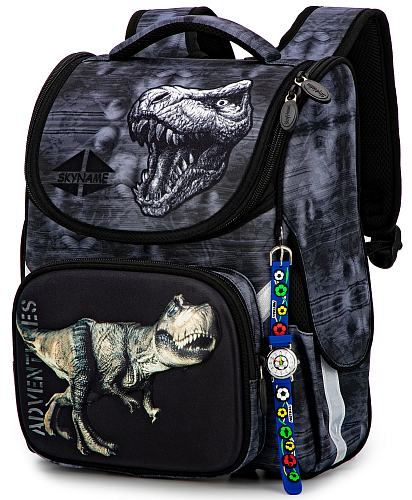 Ортопедический рюкзак (ранец) в школу серый для мальчика Winner One/SkyName с Динозавром 34х26х18 см для первоклассника (2082)