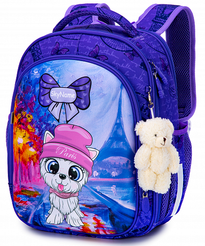 Ортопедический школьный рюкзак (ранец) для девочки фиолетовый с Котиком SkyName 37х29х18  см для начальной школы (R4-413)