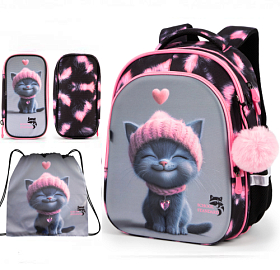Рюкзак ортопедичний з пеналом та мішком 3 в 1 для дівчинки School Standard 38х30х18 см з Котом для першокласниць (Full 150-28)