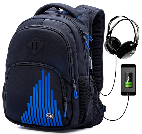 Підлітковий рюкзак з ортопедичною спинкою чорний з USB портом Winner / SkyName (90-114 B)