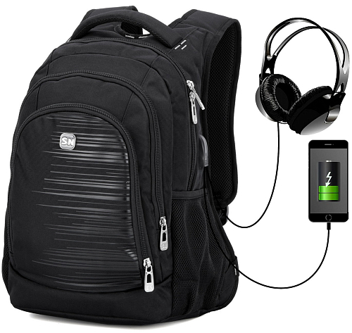 Підлітковий рюкзак з ортопедичною  спинкою чорний  з USB портом для хлопчиків Winner / SkyName 90-127 (B)