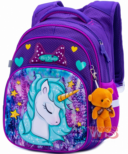 Шкільний рюкзак з ортопедичною спинкою Winner / SkyName для дівчинки Єдиноріг 38х29х19 см Фіолетовий для початкової школи R3-241 