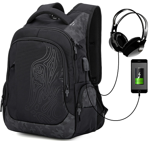 Підлітковий рюкзак з ортопедичною  спинкою чорний  з USB портом для хлопчиків Winner / SkyName 90-125
