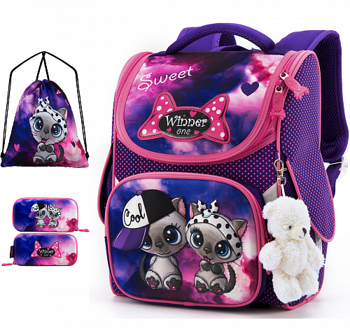 Ортопедичний рюкзак (ранець) з пеналом і мішком фіолетовий для дівчинки Winnere для початкової школи (Full 2039)