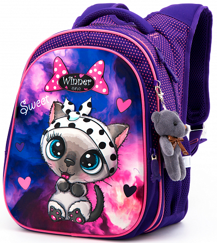 Ортопедичний шкільний рюкзак Winner One для дівчинки з Котиком 37х30х16 см Фіолетовий для 1 класу (R1-020)