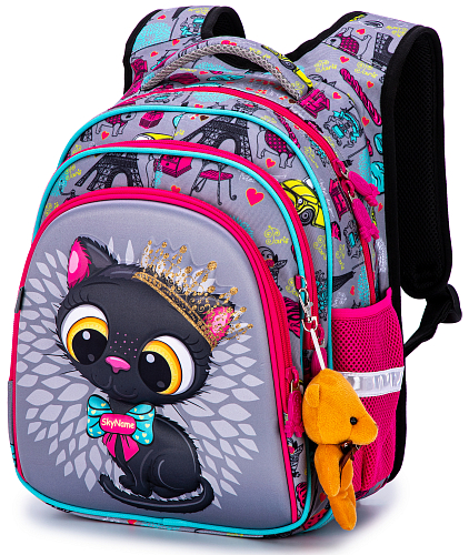 Ортопедичний рюкзак у школу для дівчинки сірий з Котиком SkyName37х30х18 см для молодших класів (R2-186)