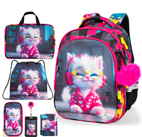 Ортопедичний шкільний рюкзак 6 в 1 для дівчинки School Standard 38х30х18 см з Котиком в 1 клас (SET 150-31)