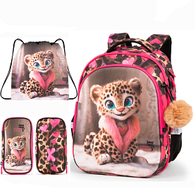 Ортопедичний рюкзак з пеналом та мішком 3 в 1 для дівчинки School Standard 38х30х18 см з Тигром в 1 клас (Full 150-46)