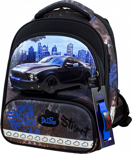 Ортопедический рюкзак (ранец) в школу с пеналом и мешком черный для мальчика Delune с Машиной для начальной школы 38х28х20 см (9-130)