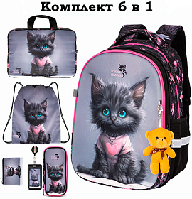 Ортопедичний шкільний рюкзак 6 в 1 для дівчинки School Standard 38х30х18 см з Котиком для молодших класів (170-51) Ортопедичний шкільний рюкзак 6 в 1 для дівчинки School Standard 38х30х18 см з Котиком для молодших класів (170-51)