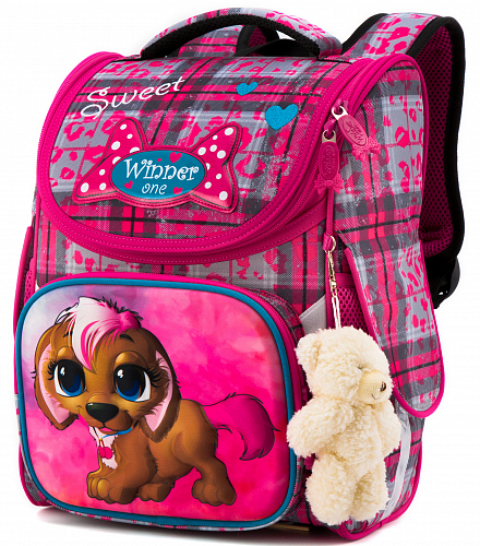 Шкільний каркасний рюкзак (ранець) з ортопедичною спинкою рожевий для дівчинки Winner  з Цуценям 34х26х14 см в 1 клас (2038)