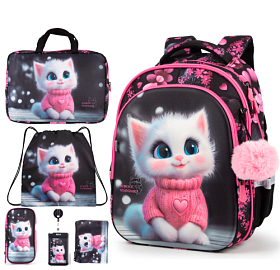 Рюкзак шкільний ортопедичний 6 в 1 для дівчинки School Standard 38х30х18 см з Котом для першокласниць (SET 150-32)
