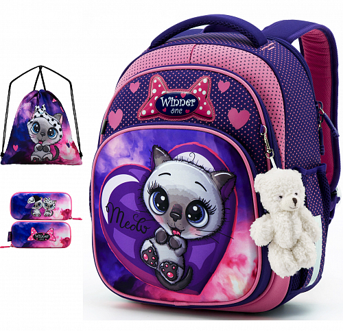 Ортопедичний рюкзак (ранець) з пеналом і мішком фіолетовий для дівчинки Winner  для початкової школи (Full 7003)