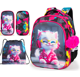 Ортопедичний рюкзак з пеналом та мішком 3 в 1 для дівчинки School Standard 38х30х18 см з Котом в 1 клас (Full 150-31)