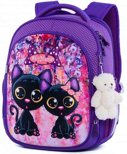 Школьный рюкзак с ортопедической спинкой  для девочки Коты 37х29х18 см фиолетовый для начальной школы Winner One / SkyName R4-405