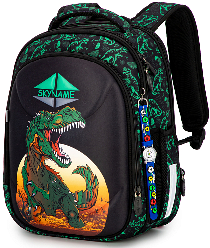 Шкільний рюкзак (ранець) з ортопедичною спинкою чорний для хлопчика Winner /SkyName з Динозавром 36х30х16 см для початкової школи (6039)