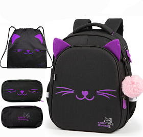 Ортопедичний рюкзак з пеналом та мішком 3 в 1 для дівчинки School Standard 38х30х18 см з Котом в 1 клас (Full 150-48)