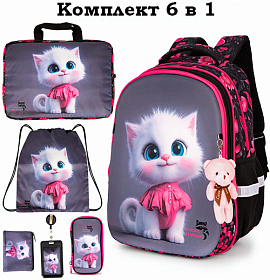 Ортопедичний шкільний рюкзак 6 в 1 для дівчинки School Standard 38х30х18 см з Котиком для молодших класів (170-61) Ортопедичний шкільний рюкзак 6 в 1 для дівчинки School Standard 38х30х18 см з Котиком для молодших класів (170-61)
