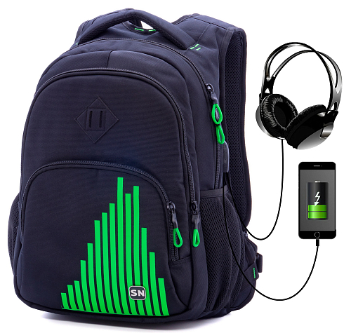 Підлітковий рюкзак з ортопедичною спинкою чорний з USB портом Winner  / SkyName (90-114 G)