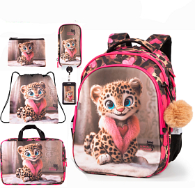 Ортопедичний шкільний рюкзак 6 в 1 для дівчинки School Standard 38х30х18 см з Тигром в 1 клас (SET 150-46)