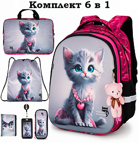 Ортопедичний шкільний рюкзак 6 в 1 для дівчинки School Standard 38х30х18 см з Котиком для молодших класів (170-54) Ортопедичний шкільний рюкзак 6 в 1 для дівчинки School Standard 38х30х18 см з Котиком для молодших класів (170-54)