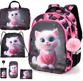 Ортопедичний шкільний рюкзак 6 в 1 для дівчинки School Standard 38х30х18 см з Котиком в 1 клас (SET 150-27)