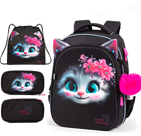 Рюкзак ортопедичний з пеналом та мішком 3 в 1 для дівчинки School Standard 38х30х18 см з Котом для першокласниць (Full 150-50)