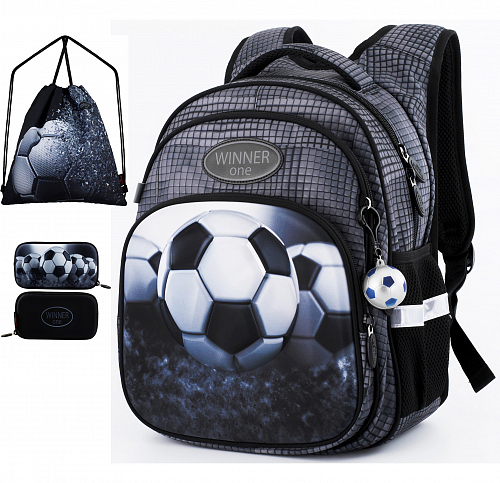 Шкільний рюкзак (ранець) з ортопедичною спинкою з мішком і пеналом темно-сірий для хлопчика Winner  для початкової школи (Full R3-224)