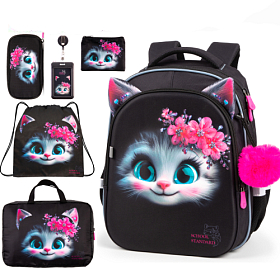 Рюкзак шкільний ортопедичний 6 в 1 для дівчинки School Standard 38х30х18 см з Котом для першокласниць (SET 150-50)