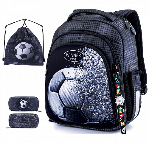Ортопедичний рюкзак (ранець) з пеналом і мішком для школи чорний з синім для хлопчика Winner для першокласника (Full 5010)