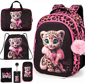 Ортопедичний шкільний рюкзак 6 в 1 для дівчинки School Standard 38х30х18 см з Тигром для молодших класів (SET 150-26)