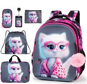 Ортопедичний шкільний рюкзак 6 в 1 для дівчинки School Standard 38х30х18 см з Котом  для молодших класів (SET 170-66)