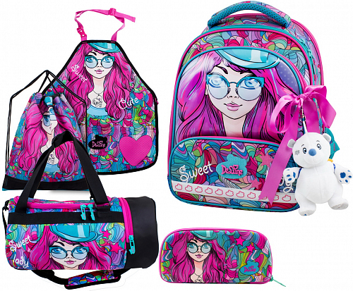 Школьный ранец DeLune Full-set 9-122 + мешок + жесткий пенал + спортивная сумка + фартук для труда + мишка + ленточка