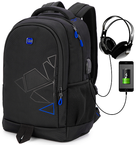 Підлітковий рюкзак з ортопедичною чорний спинкою з usb портом Winner  / SkyName(90-144 B)