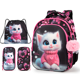 Рюкзак ортопедичний з пеналом та мішком 3 в 1 для дівчинки School Standard 38х30х18 см з Котом для першокласниць (Full 150-32)