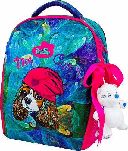Ортопедический рюкзак (ранец) в школу с мешком и пеналом бирюзовый для девочек Delune с Собакой для 1-4 класса 37х28х17 см (7-148)