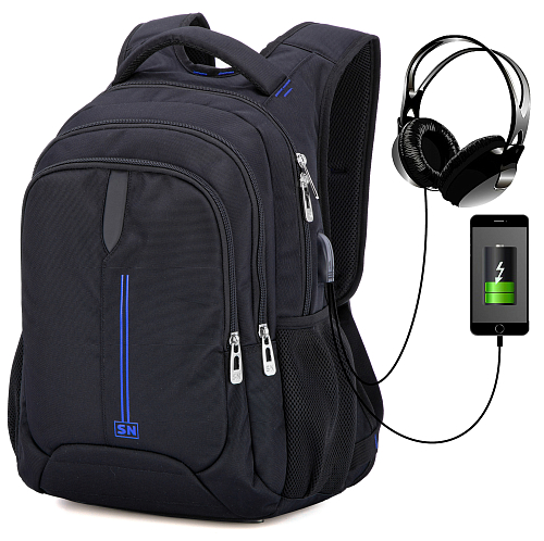 Підлітковий рюкзак з ортопедичною спинкою чорний з usb портом Winner  / SkyName (90-119BL)