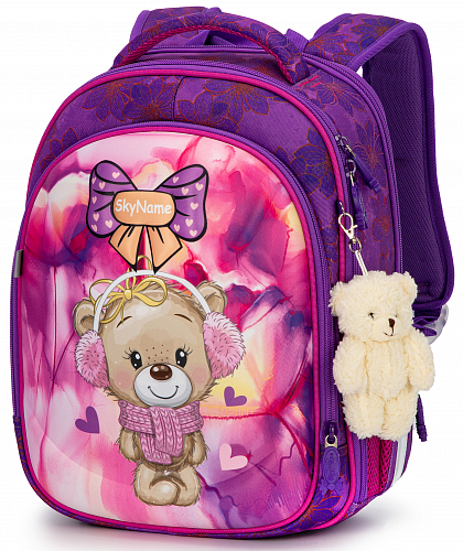 Шкільний рюкзак (ранець) з ортопедичною спинкою фіолетовий для дівчинки Winner One/SkyName з Ведмедиком 36х30х16 см для початкової школи (6031)