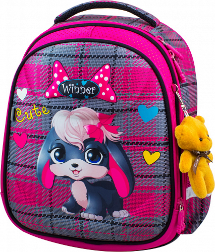 Школьный рюкзак (ранец) с ортопедической спинкой розовый для девочки Winner one с Зайчиком 36х30х16 см для младших классов (6002)