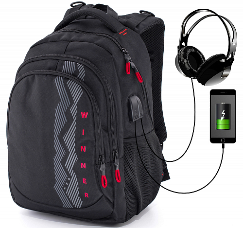 Шкільний підлітковий ортопедичний рюкзак чорний з usb портом для хлопчиків Winner  для 5 - 11 класу (405-5 R)