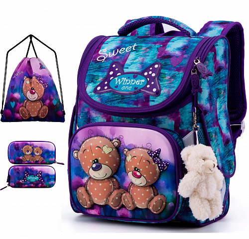 Шкільний рюкзак (ранець) з ортопедичною спинкою з мішком і пеналом фіолетовий для дівчинки Winner one для початкової школи (Full 2044)