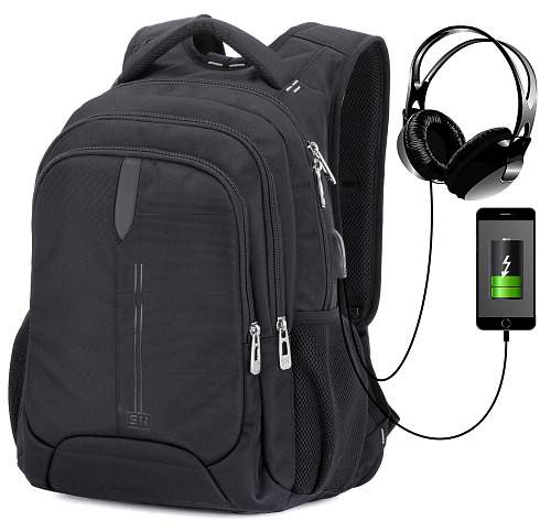 Підлітковий рюкзак з ортопедичною спинкою чорний з USB портом Winner  / SkyName (90-119B)