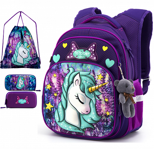 Шкільний рюкзак (ранець) з ортопедичною спинкою з мішком і фіолетовим пеналом для дівчинки Winner one для 1 класу (Full-R3-241))