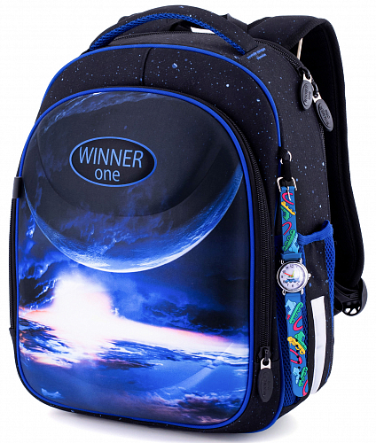 Шкільний рюкзак (ранець) з ортопедичною спинкою чорний для хлопчика Winner One з Космосом 36х29х17 см для першокласника (6018)