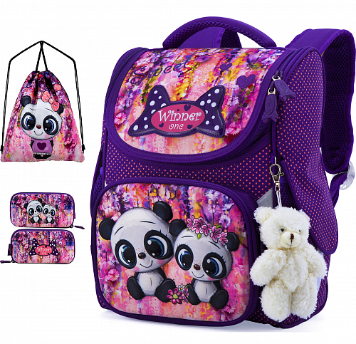 Ортопедический рюкзак (ранец) с пеналом и мешком для школы фиолетовый для девочки Winner one для начальной школы (Full 2042)